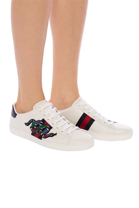 white gucci sneakers with snake|Gucci ace embellished leather sneakers.